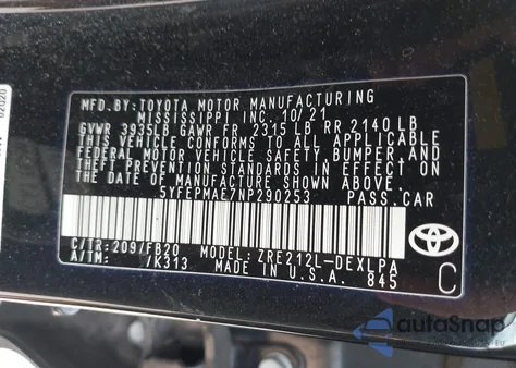 2022 Toyota Corolla Le z USA, uszkodzony, nr VIN 5YFEPMAE7NP290253